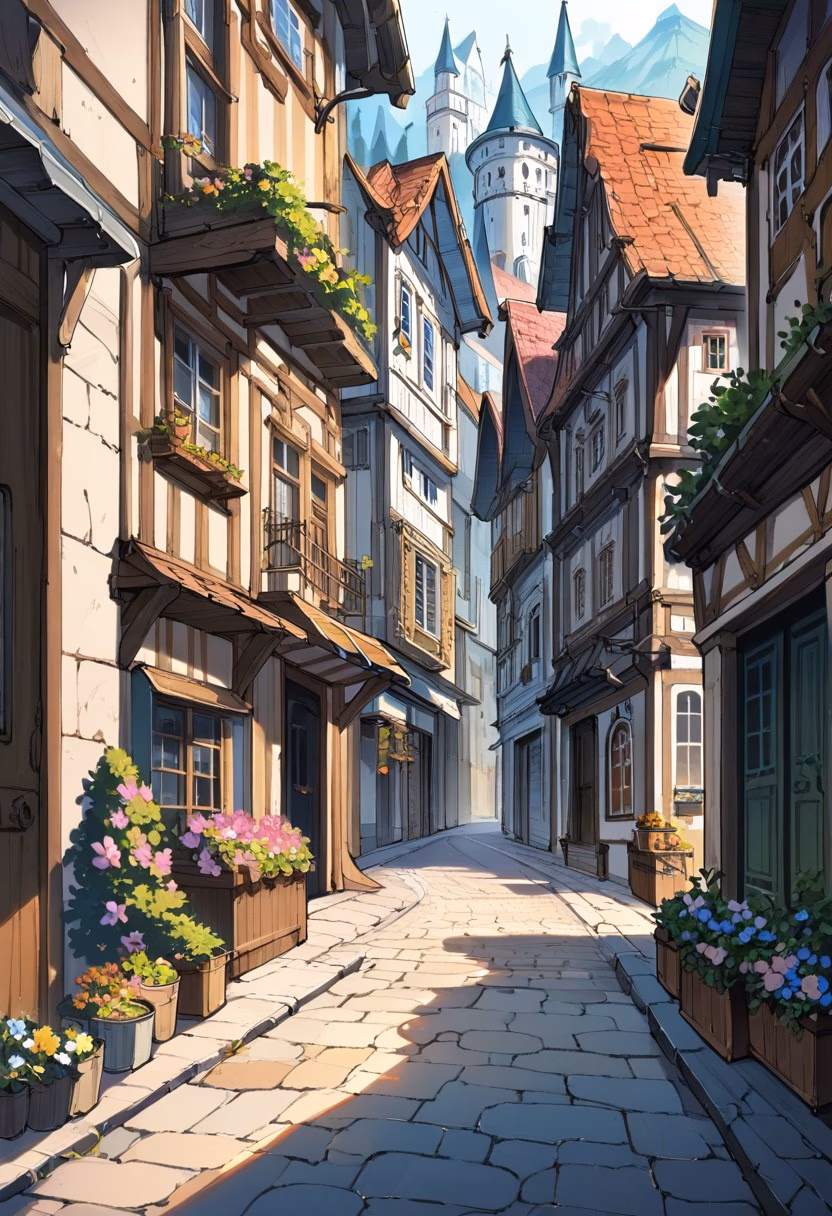 Charming Old Town Street — view 2 — old European street, cobblestone road, historic buildings, flower boxes, warm afternoon light, charming architecture, qu
