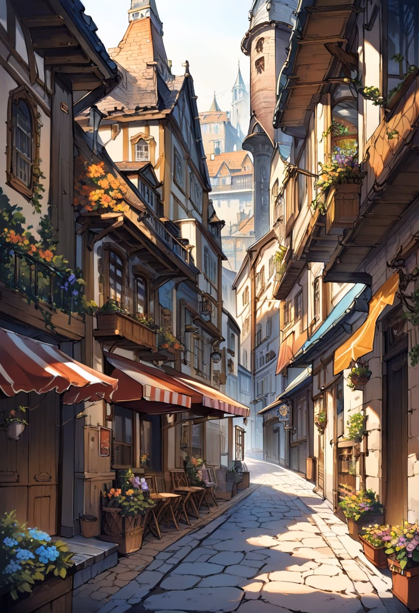 Charming Old Town Street — view 3 — old European street, cobblestone road, historic buildings, flower boxes, warm afternoon light, charming architecture, qu