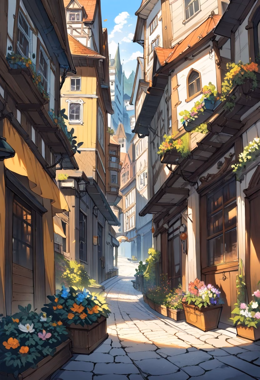 Charming Old Town Street — view 4 — old European street, cobblestone road, historic buildings, flower boxes, warm afternoon light, charming architecture, qu