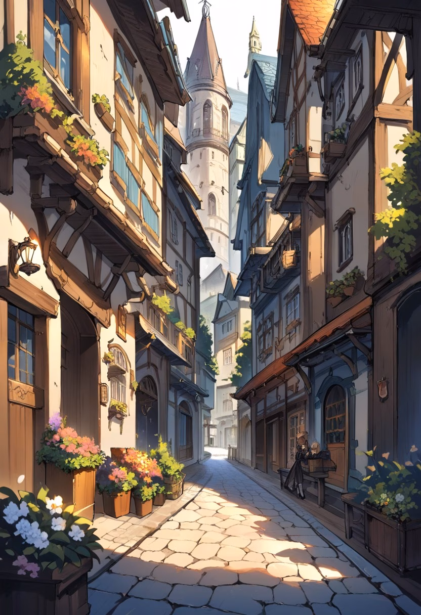 Charming Old Town Street — view 5 — old European street, cobblestone road, historic buildings, flower boxes, warm afternoon light, charming architecture, qu