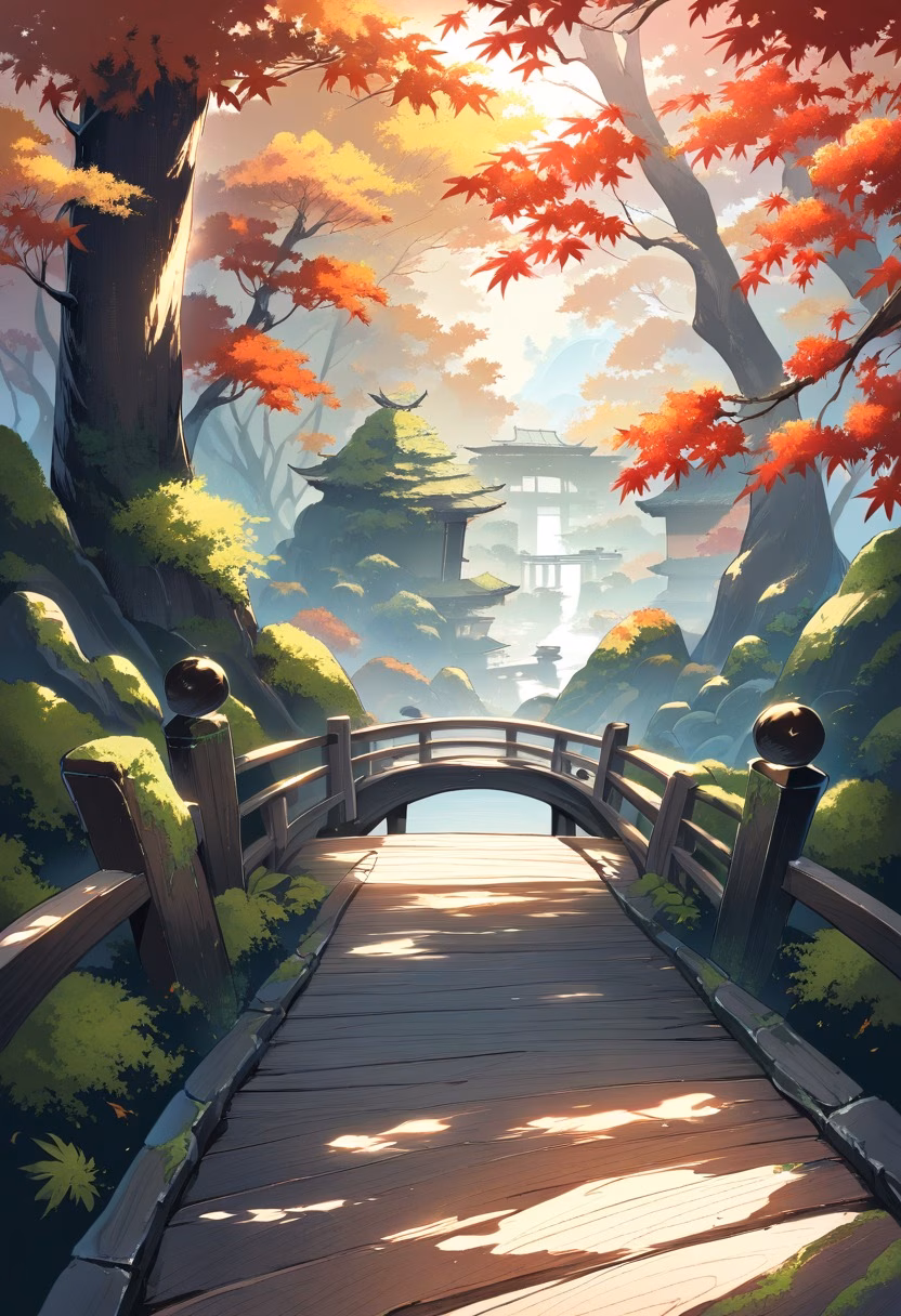 Peaceful Zen Garden — view 1 — peaceful Zen garden, raked sand, moss-covered stones, maple trees, wooden bridge, soft morning light, Japanese aesthetic