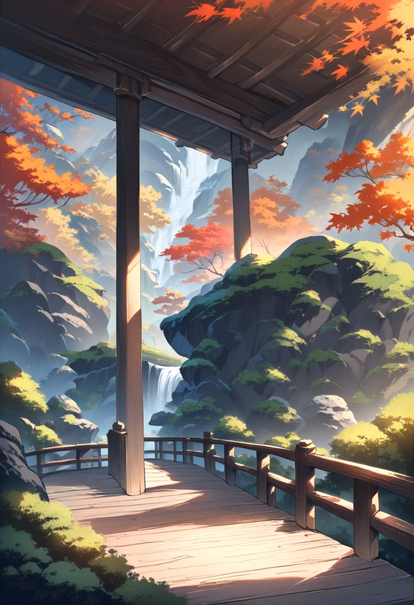 Peaceful Zen Garden — view 2 — peaceful Zen garden, raked sand, moss-covered stones, maple trees, wooden bridge, soft morning light, Japanese aesthetic