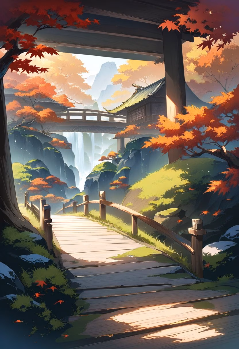 Peaceful Zen Garden — view 3 — peaceful Zen garden, raked sand, moss-covered stones, maple trees, wooden bridge, soft morning light, Japanese aesthetic