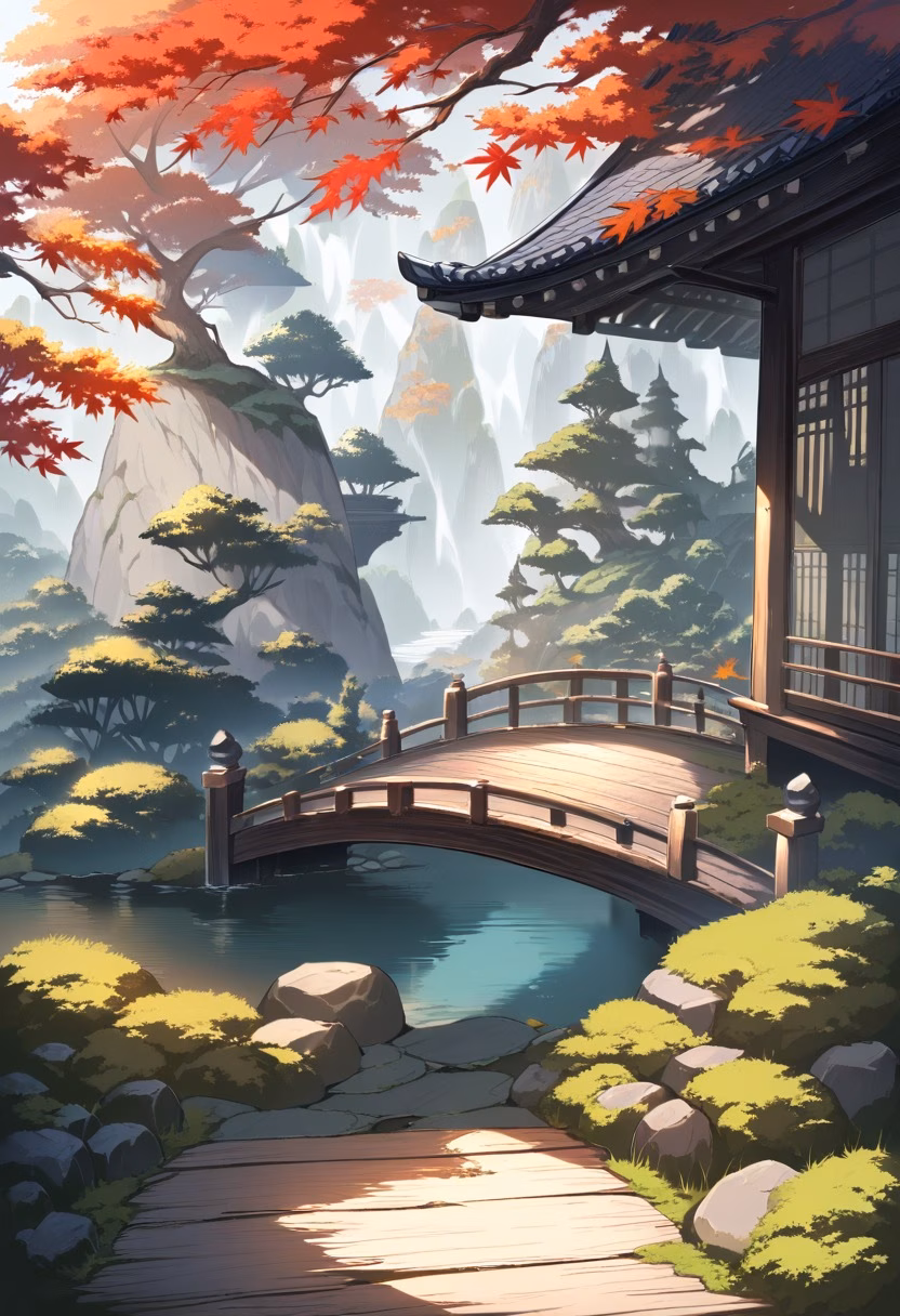 Peaceful Zen Garden — view 4 — peaceful Zen garden, raked sand, moss-covered stones, maple trees, wooden bridge, soft morning light, Japanese aesthetic