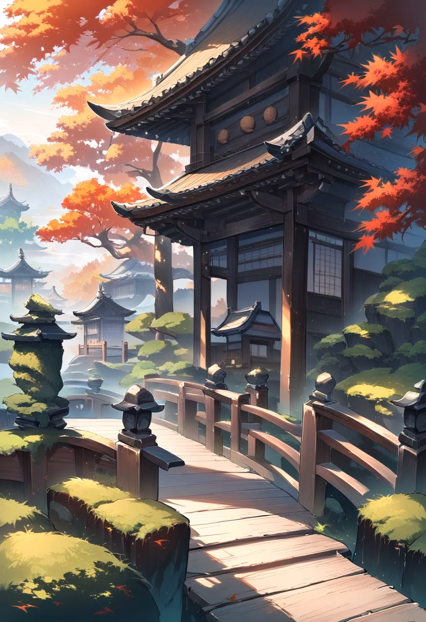 Peaceful Zen Garden — view 5 — peaceful Zen garden, raked sand, moss-covered stones, maple trees, wooden bridge, soft morning light, Japanese aesthetic