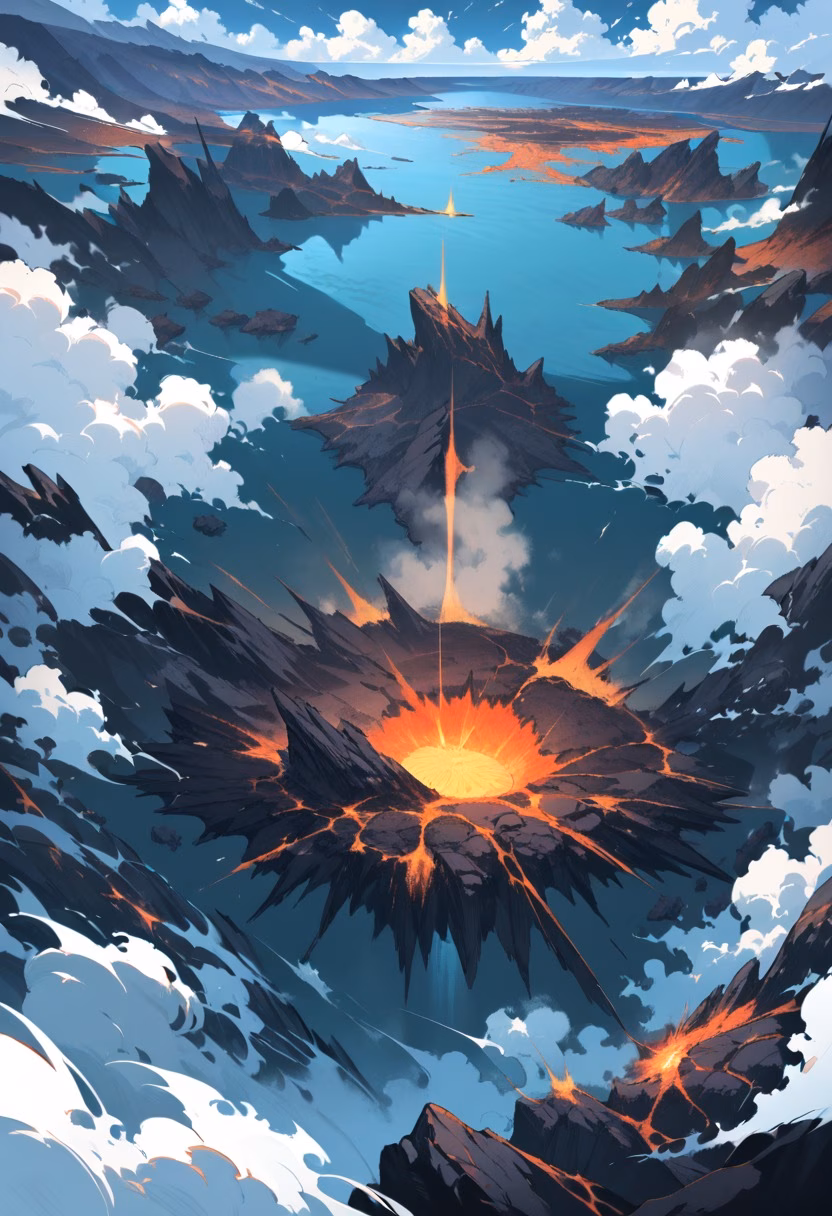 Volcanic Crater Lake — view 1 — volcanic crater lake, turquoise water, steam vents, black rock, dramatic clouds, remote wilderness, landscape, detailed 