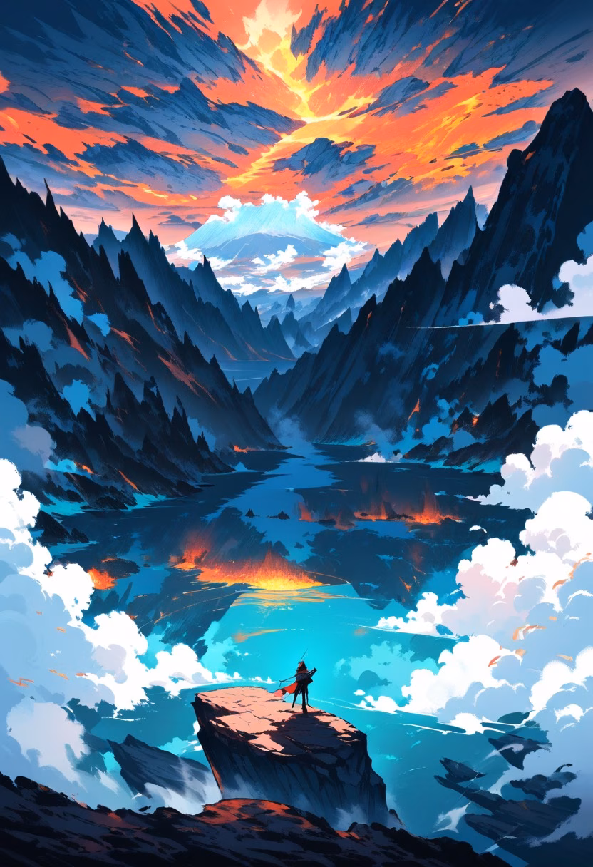 Volcanic Crater Lake — view 2 — volcanic crater lake, turquoise water, steam vents, black rock, dramatic clouds, remote wilderness, landscape, detailed 