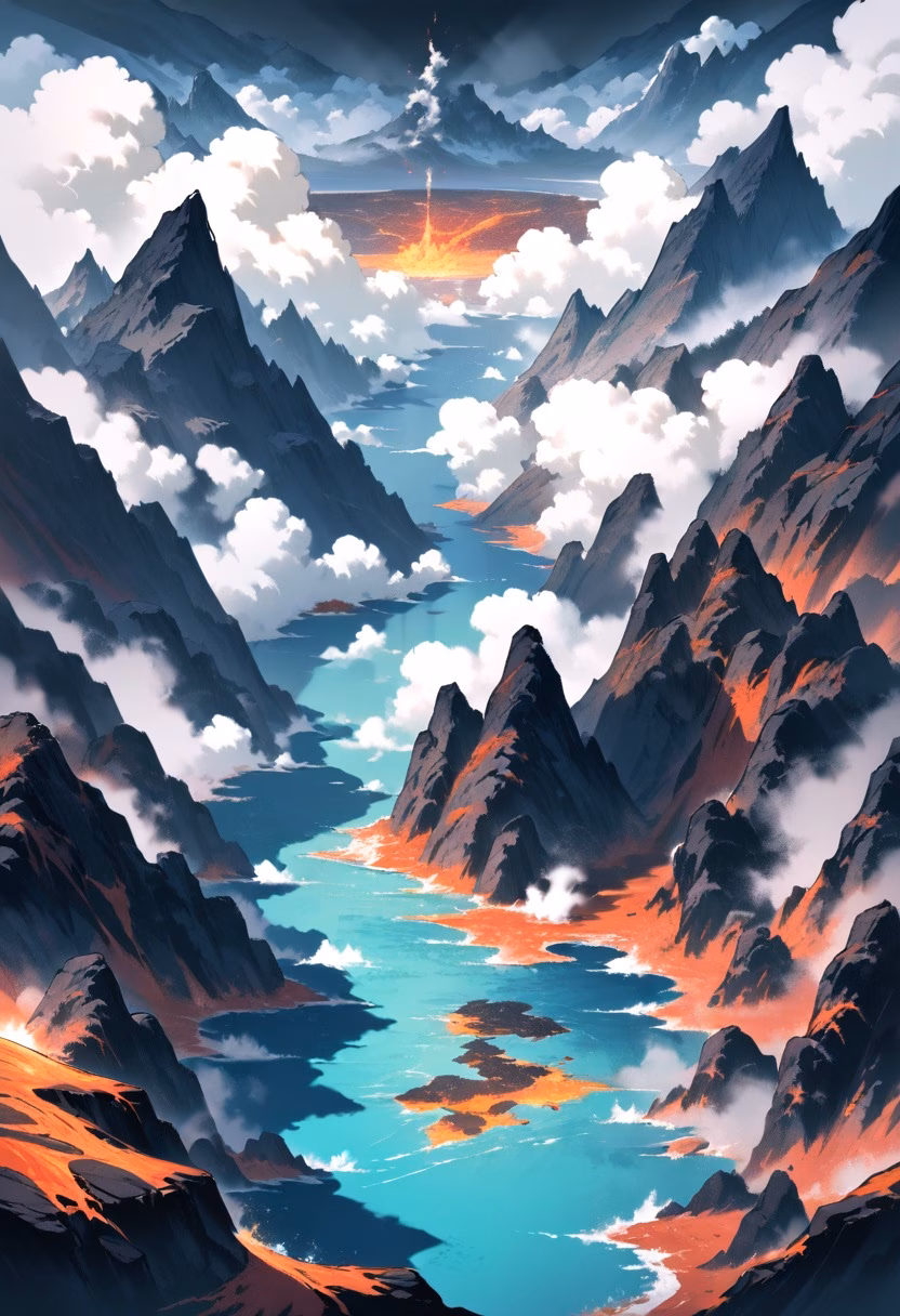 Volcanic Crater Lake — view 4 — volcanic crater lake, turquoise water, steam vents, black rock, dramatic clouds, remote wilderness, landscape, detailed 