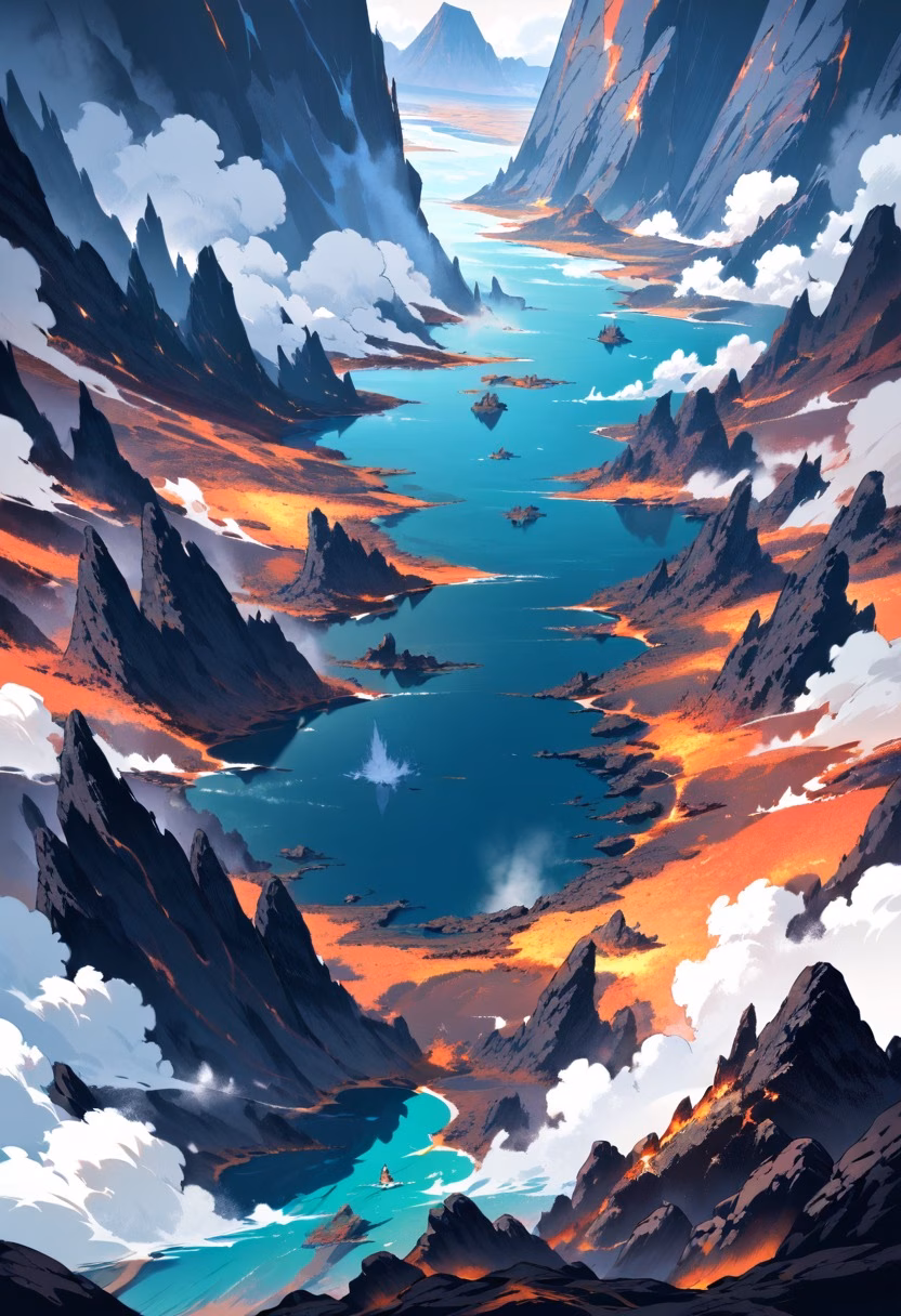 Volcanic Crater Lake — view 5 — volcanic crater lake, turquoise water, steam vents, black rock, dramatic clouds, remote wilderness, landscape, detailed 