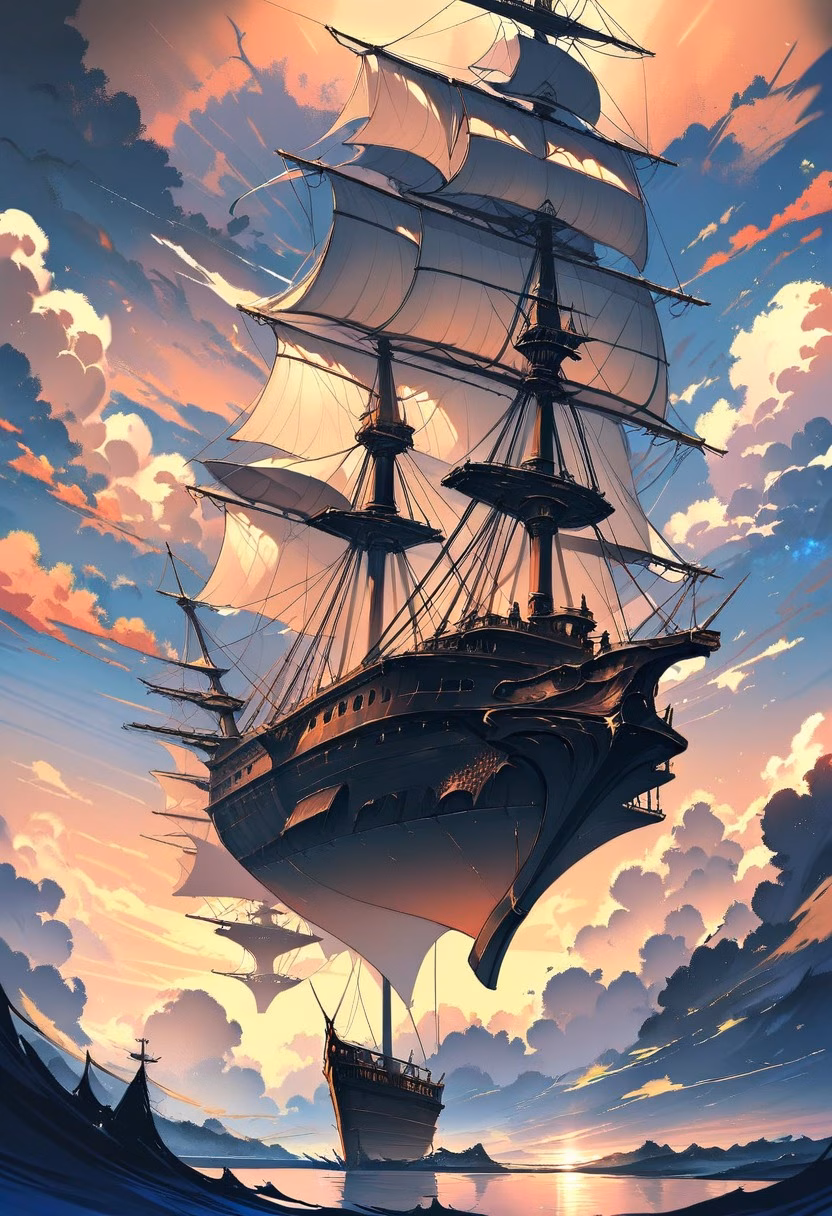 Golden Age Sailing Ship — view 1 — wooden sailing ship on calm sea, tall sails, golden sunset, distant horizon, warm reflections, nautical adventure, drama