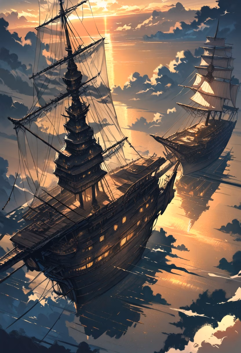 Golden Age Sailing Ship — view 2 — wooden sailing ship on calm sea, tall sails, golden sunset, distant horizon, warm reflections, nautical adventure, drama