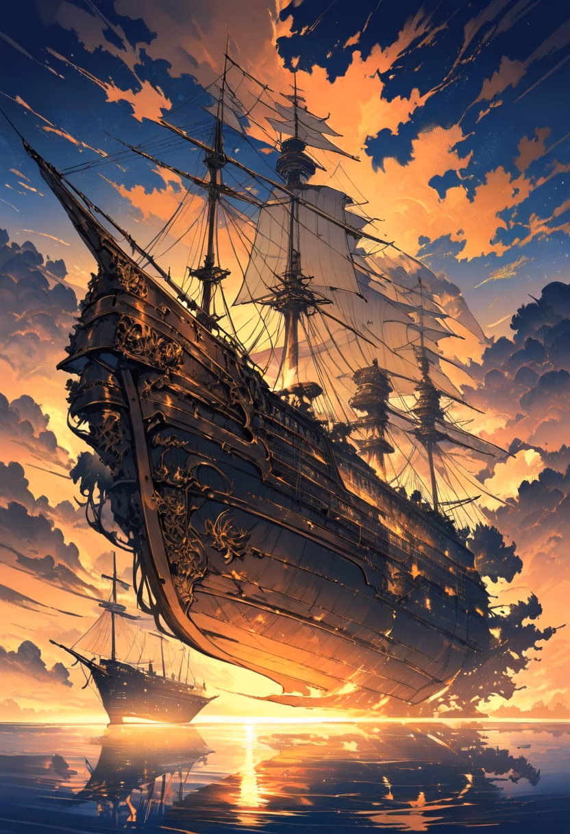 Golden Age Sailing Ship — view 3 — wooden sailing ship on calm sea, tall sails, golden sunset, distant horizon, warm reflections, nautical adventure, drama