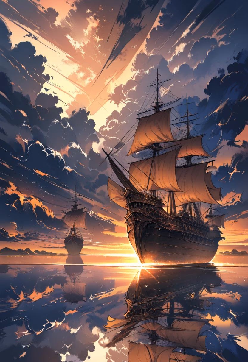 Golden Age Sailing Ship — view 4 — wooden sailing ship on calm sea, tall sails, golden sunset, distant horizon, warm reflections, nautical adventure, drama