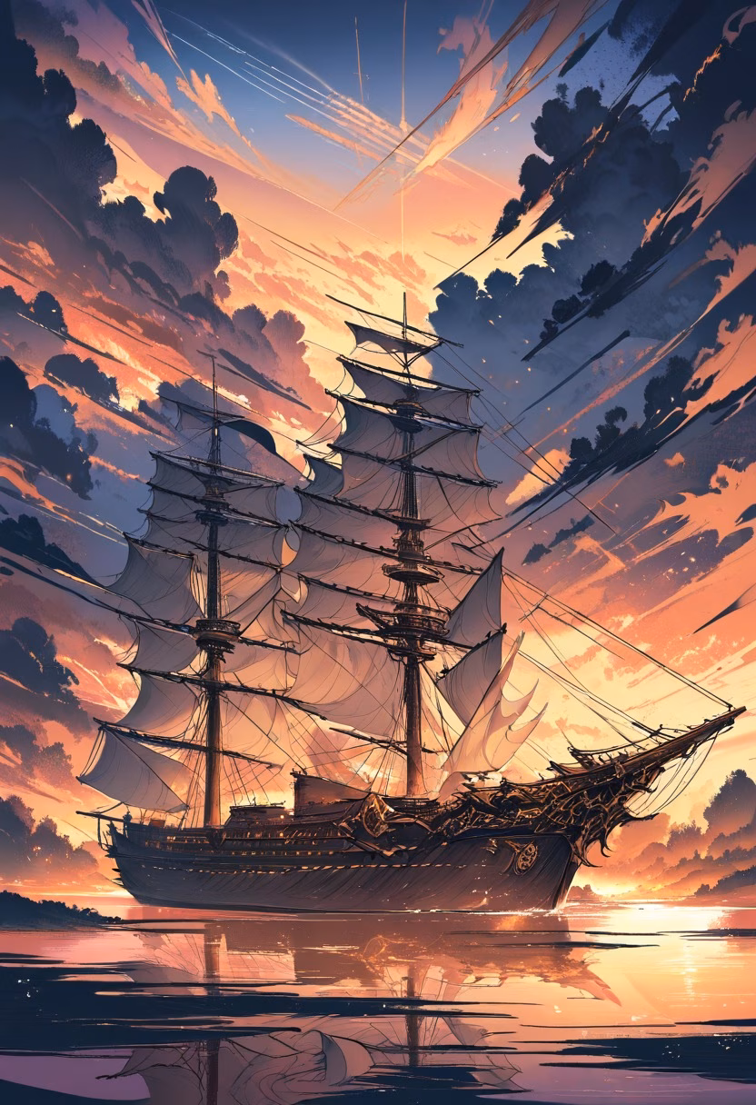 Golden Age Sailing Ship — view 5 — wooden sailing ship on calm sea, tall sails, golden sunset, distant horizon, warm reflections, nautical adventure, drama