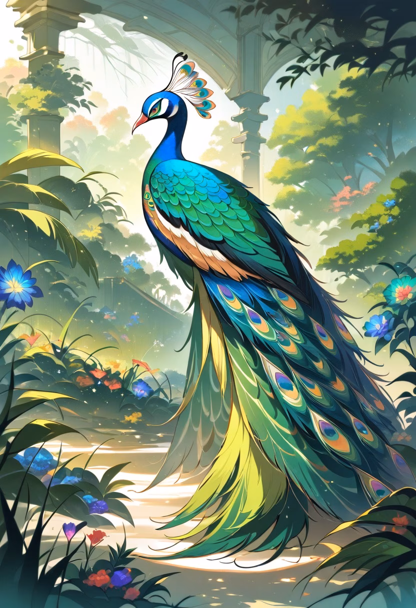 Majestic Peacock Display — view 1 — peacock displaying magnificent feathers in botanical garden, lush greenery, colorful plumage, sunlight, elegant pose, de