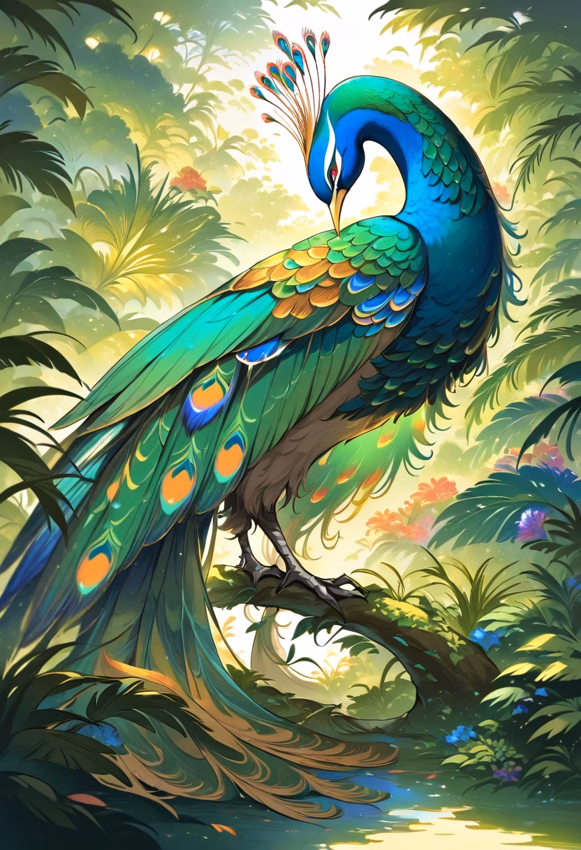 Majestic Peacock Display — view 2 — peacock displaying magnificent feathers in botanical garden, lush greenery, colorful plumage, sunlight, elegant pose, de