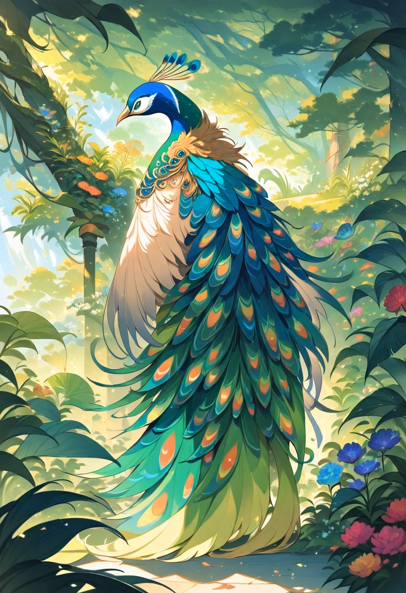 Majestic Peacock Display — view 3 — peacock displaying magnificent feathers in botanical garden, lush greenery, colorful plumage, sunlight, elegant pose, de