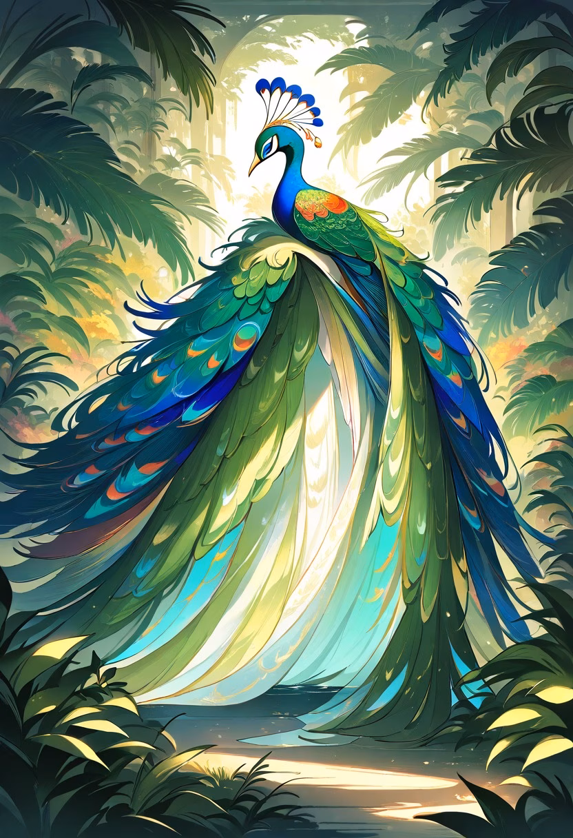Majestic Peacock Display — view 4 — peacock displaying magnificent feathers in botanical garden, lush greenery, colorful plumage, sunlight, elegant pose, de