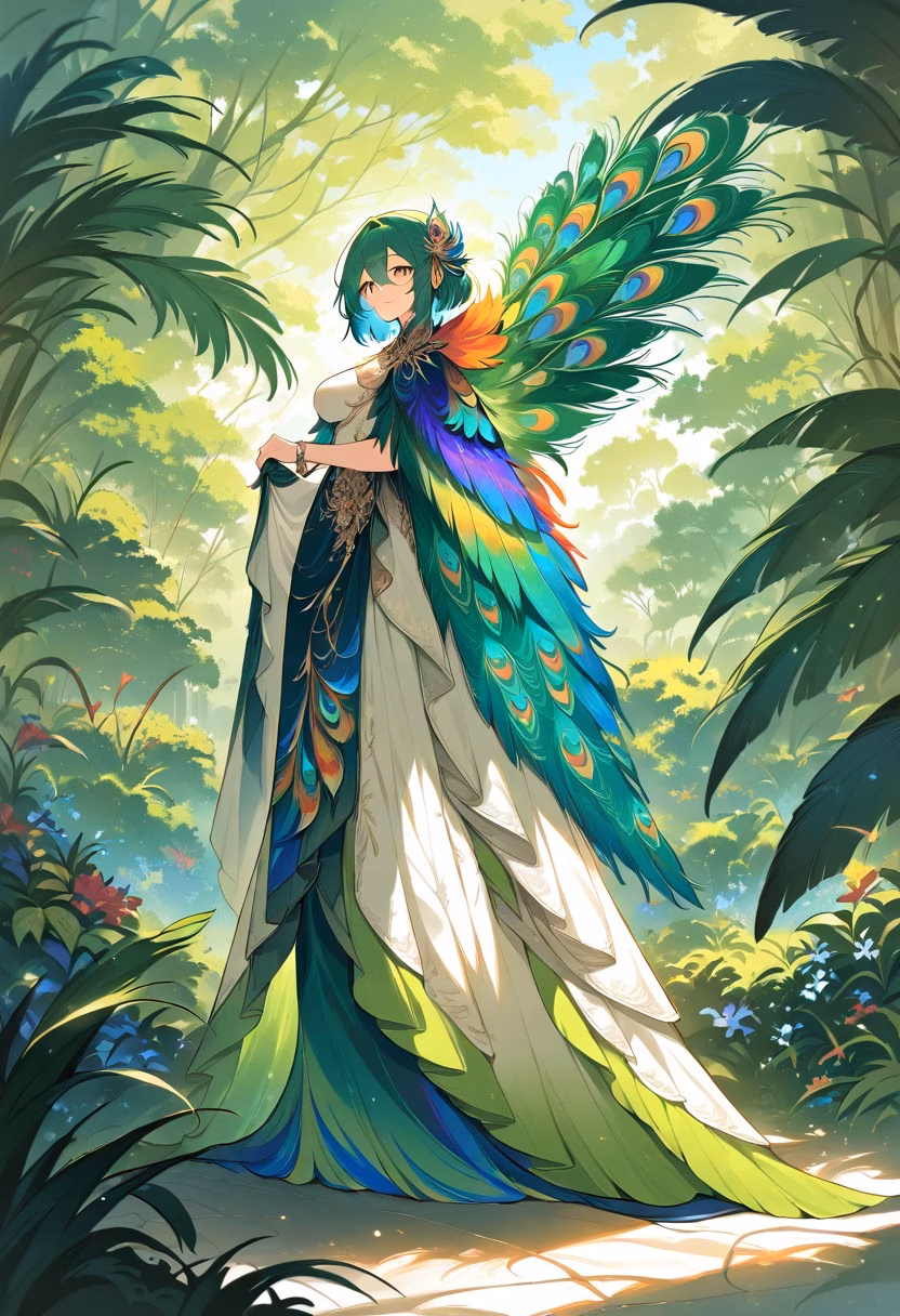 Majestic Peacock Display — view 5 — peacock displaying magnificent feathers in botanical garden, lush greenery, colorful plumage, sunlight, elegant pose, de