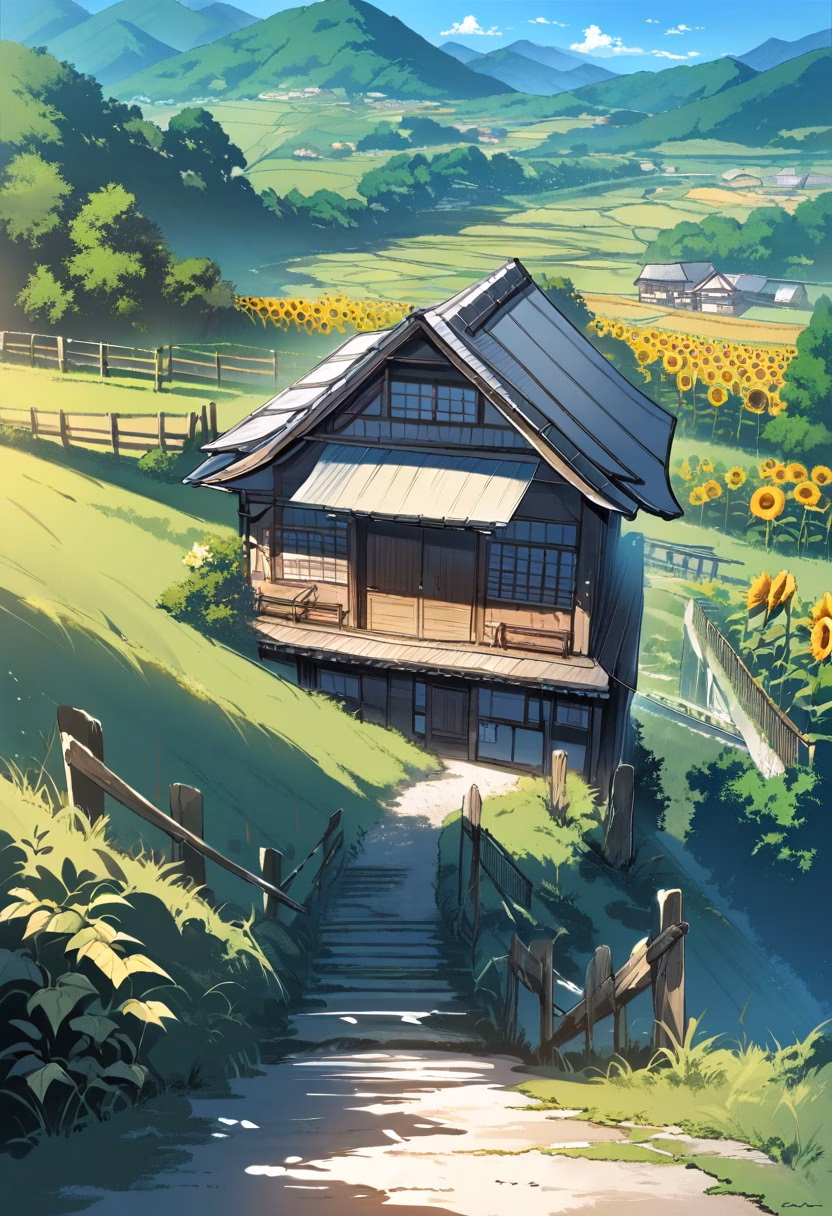 Sunflower Farmhouse — view 1 — countryside farmhouse surrounded by sunflowers, rolling hills, wooden fence, blue sky, warm summer sunlight, peaceful ru