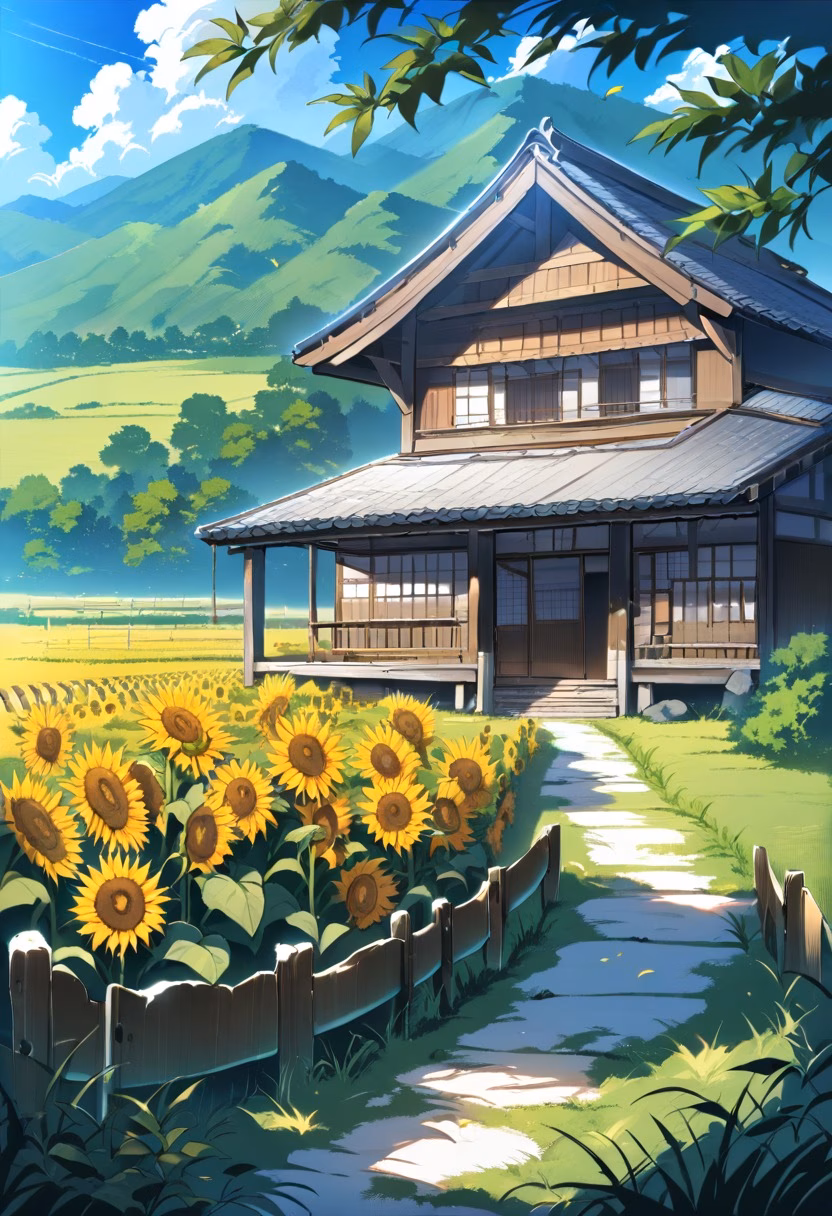 Sunflower Farmhouse — view 2 — countryside farmhouse surrounded by sunflowers, rolling hills, wooden fence, blue sky, warm summer sunlight, peaceful ru