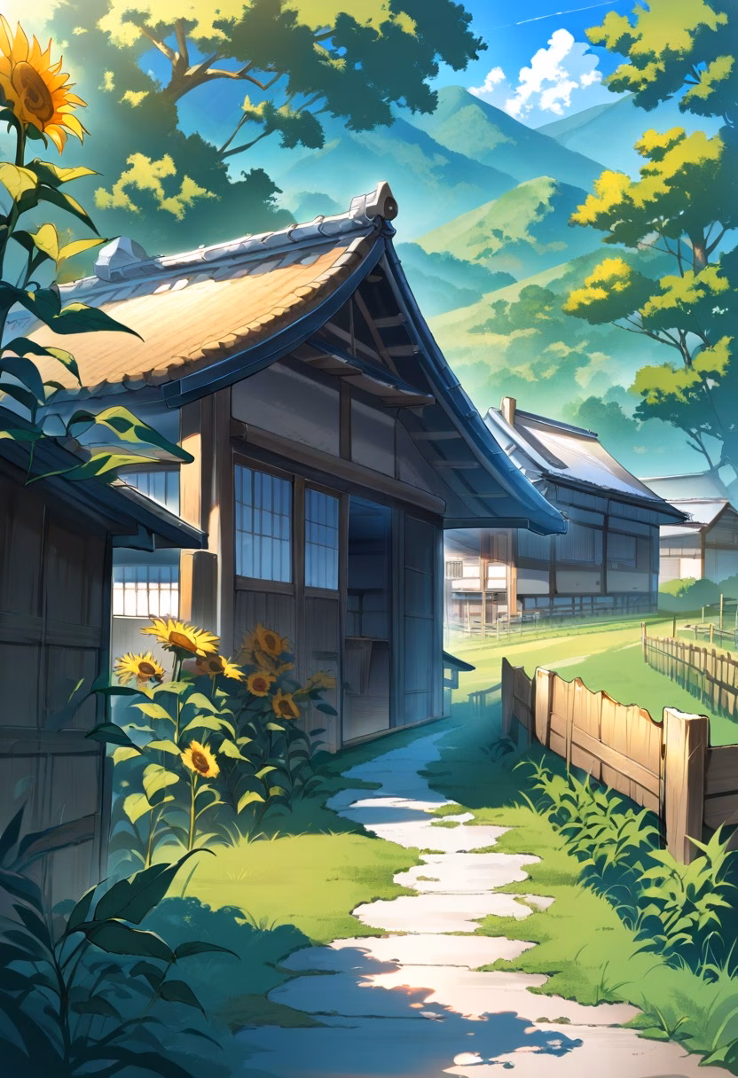 Sunflower Farmhouse — view 3 — countryside farmhouse surrounded by sunflowers, rolling hills, wooden fence, blue sky, warm summer sunlight, peaceful ru