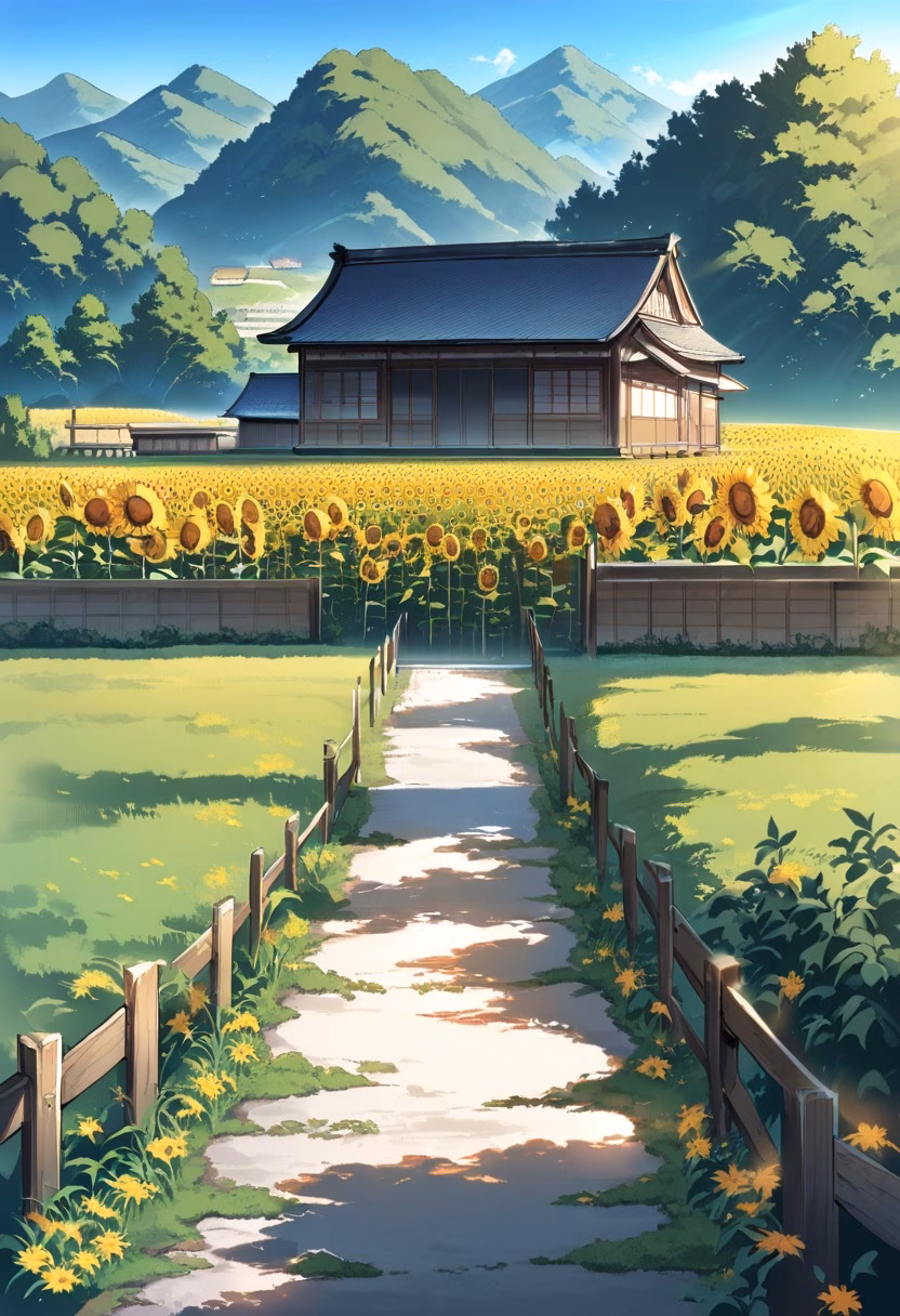 Sunflower Farmhouse — view 4 — countryside farmhouse surrounded by sunflowers, rolling hills, wooden fence, blue sky, warm summer sunlight, peaceful ru