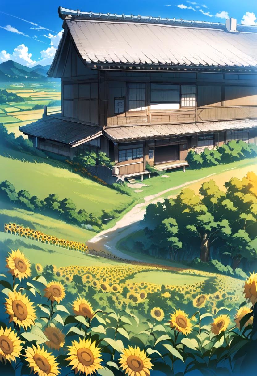 Sunflower Farmhouse — view 5 — countryside farmhouse surrounded by sunflowers, rolling hills, wooden fence, blue sky, warm summer sunlight, peaceful ru