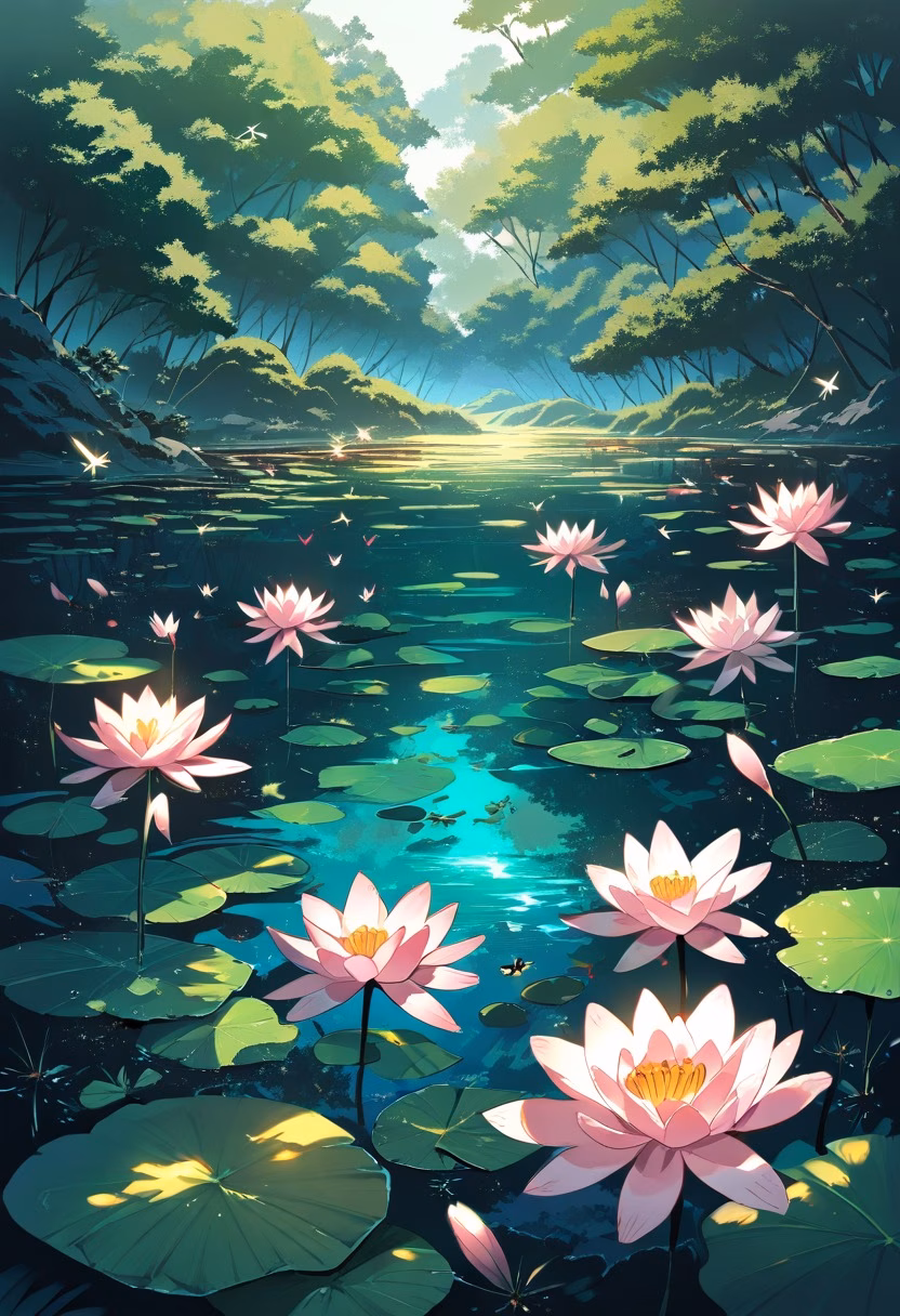 Water Lily Pond — view 1 — water lily pond, pink lilies, green pads, dragonflies, calm reflections, lush garden, morning sunlight, tranquil nature,