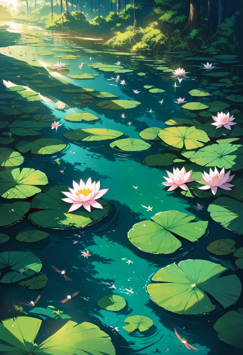 Water Lily Pond — view 2 — water lily pond, pink lilies, green pads, dragonflies, calm reflections, lush garden, morning sunlight, tranquil nature,