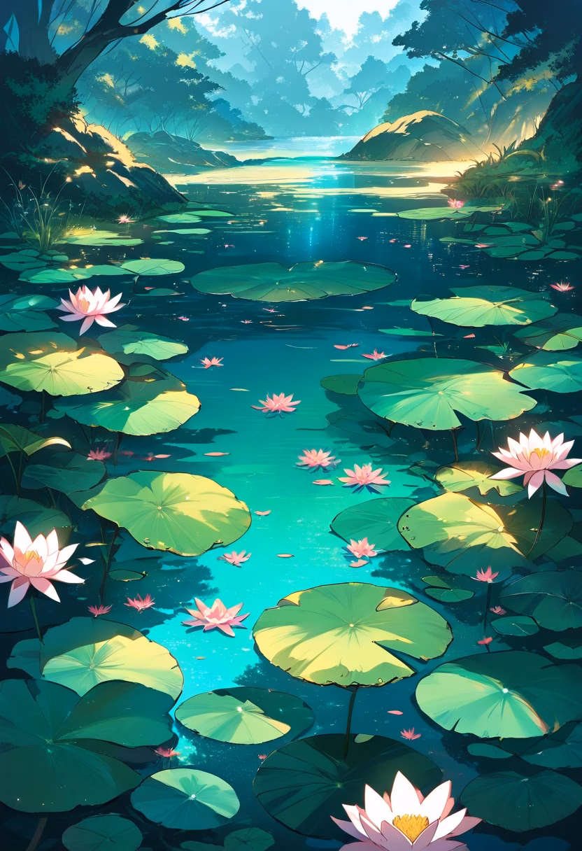 Water Lily Pond — view 3 — water lily pond, pink lilies, green pads, dragonflies, calm reflections, lush garden, morning sunlight, tranquil nature,