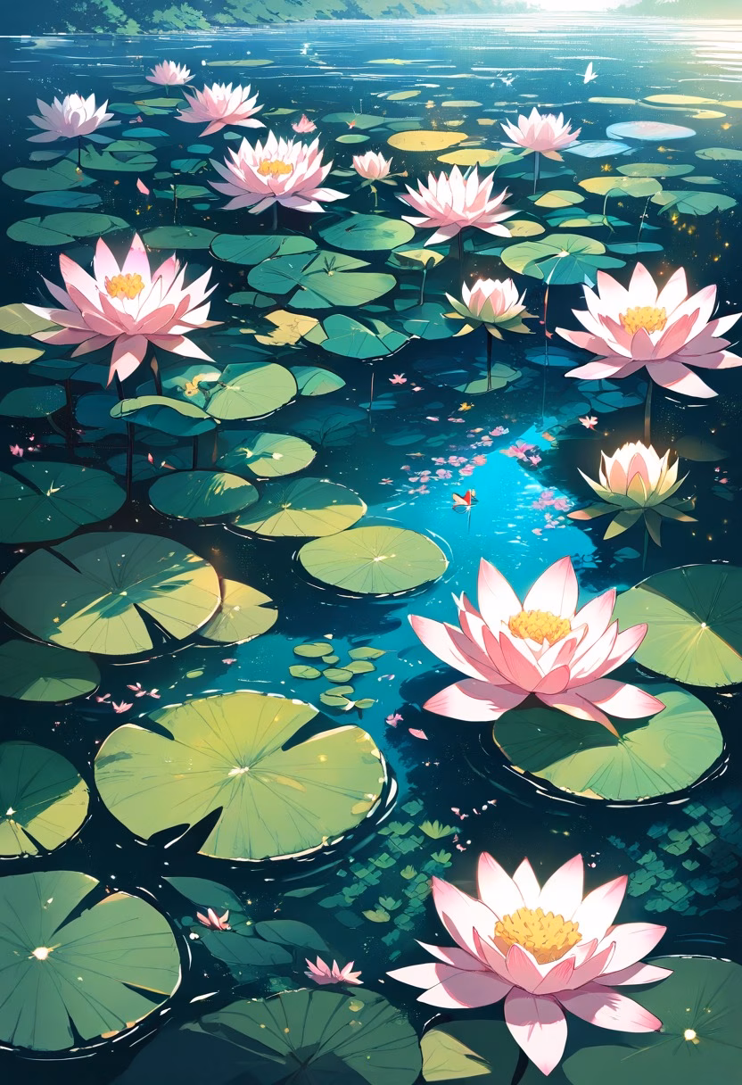 Water Lily Pond — view 4 — water lily pond, pink lilies, green pads, dragonflies, calm reflections, lush garden, morning sunlight, tranquil nature,