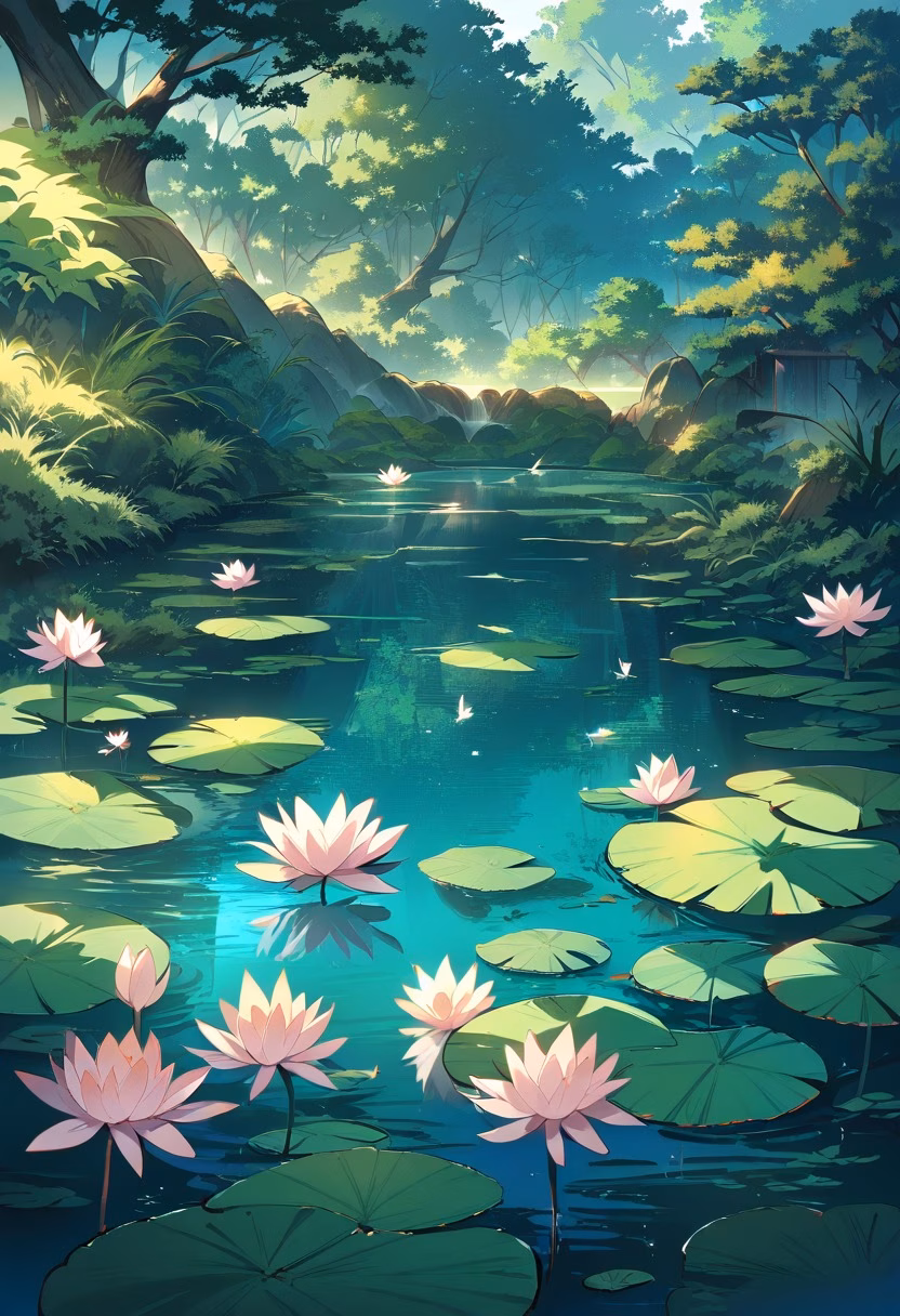 Water Lily Pond — view 5 — water lily pond, pink lilies, green pads, dragonflies, calm reflections, lush garden, morning sunlight, tranquil nature,