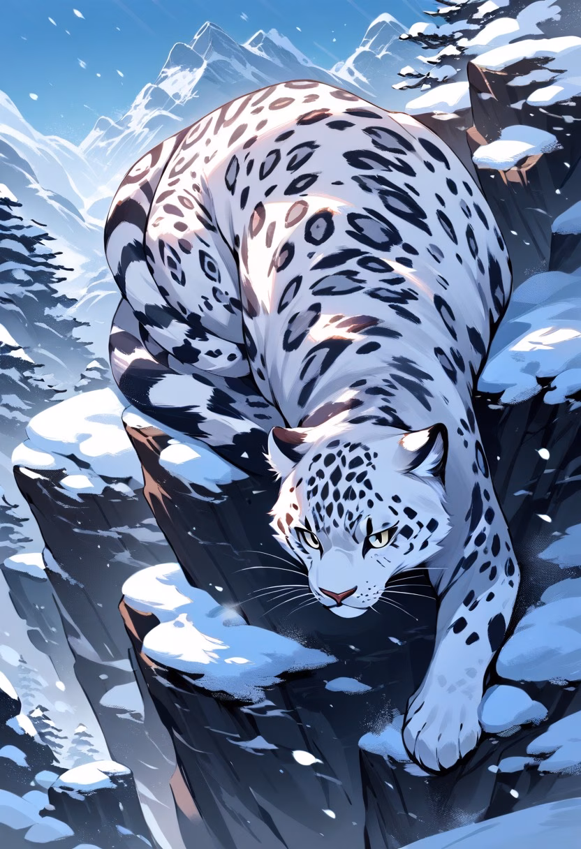 Snow Leopard Mountain — view 1 — snow leopard resting on rocky mountain ledge, snowy peaks behind, cold clear air, spotted fur, majestic wildlife, detail