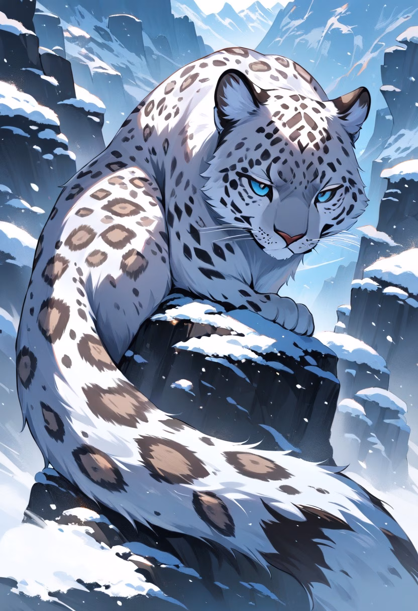 Snow Leopard Mountain — view 2 — snow leopard resting on rocky mountain ledge, snowy peaks behind, cold clear air, spotted fur, majestic wildlife, detail