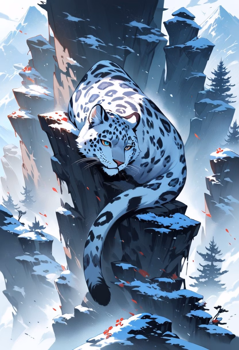 Snow Leopard Mountain — view 3 — snow leopard resting on rocky mountain ledge, snowy peaks behind, cold clear air, spotted fur, majestic wildlife, detail