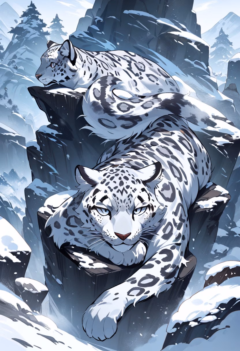 Snow Leopard Mountain — view 4 — snow leopard resting on rocky mountain ledge, snowy peaks behind, cold clear air, spotted fur, majestic wildlife, detail