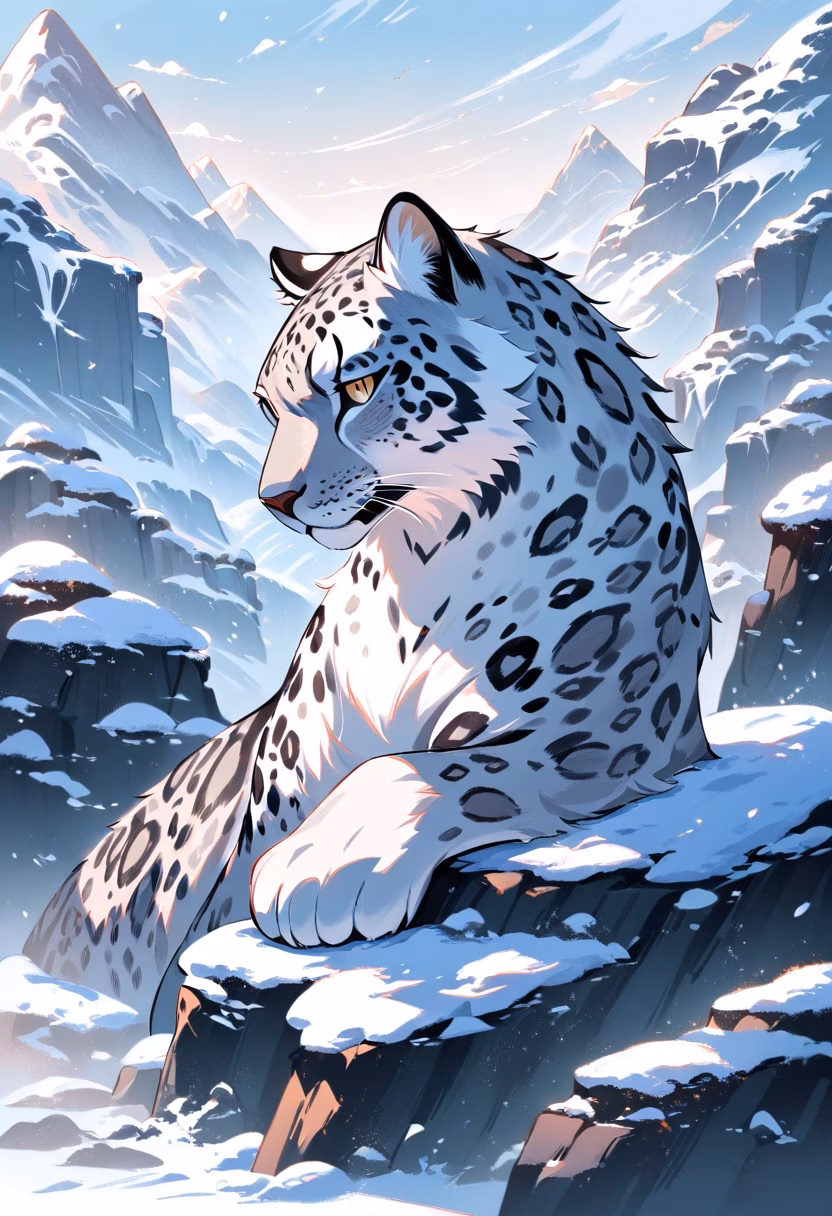 Snow Leopard Mountain — view 5 — snow leopard resting on rocky mountain ledge, snowy peaks behind, cold clear air, spotted fur, majestic wildlife, detail