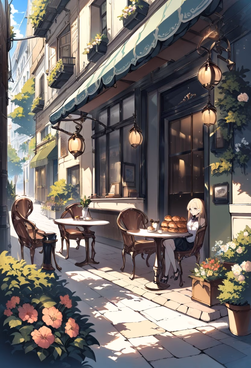 Parisian Cafe Morning — view 1 — romantic Parisian cafe terrace, small tables, flower pots, pastries, warm morning light, charming street, elegant archit