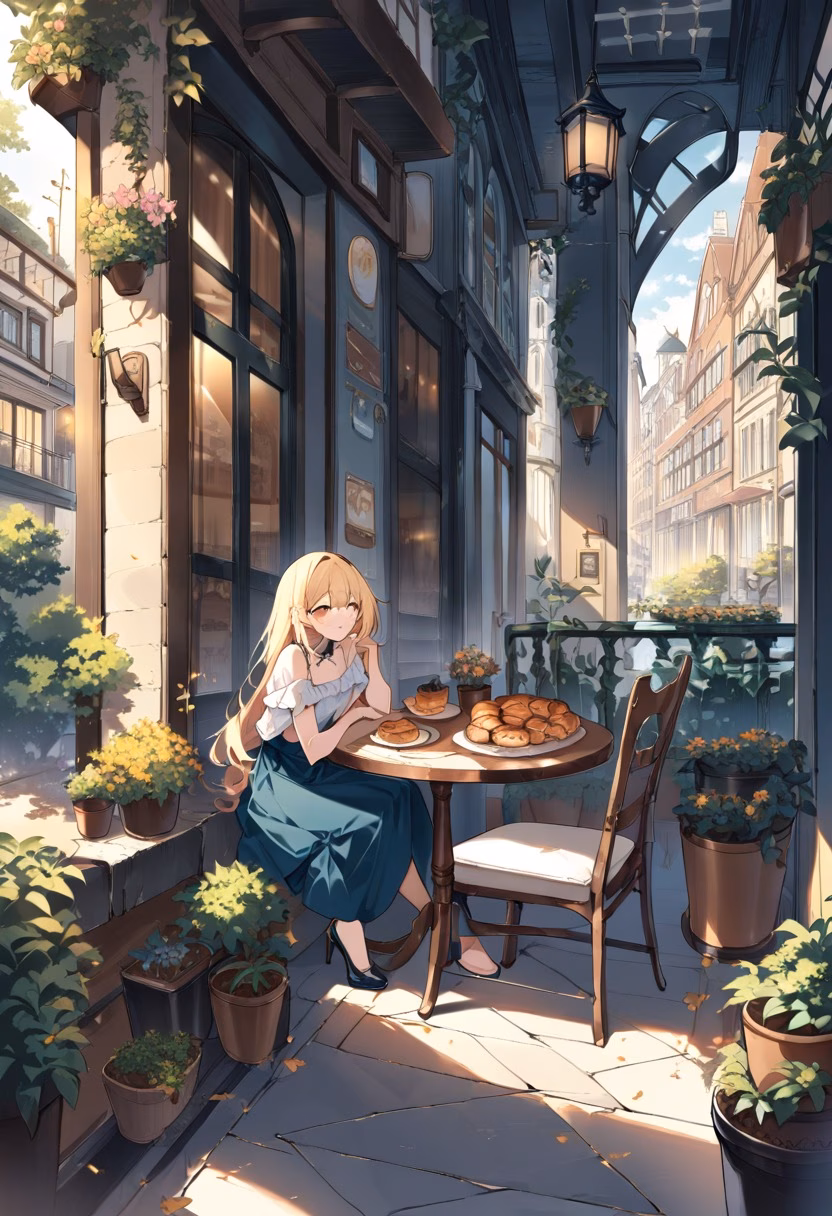 Parisian Cafe Morning — view 2 — romantic Parisian cafe terrace, small tables, flower pots, pastries, warm morning light, charming street, elegant archit
