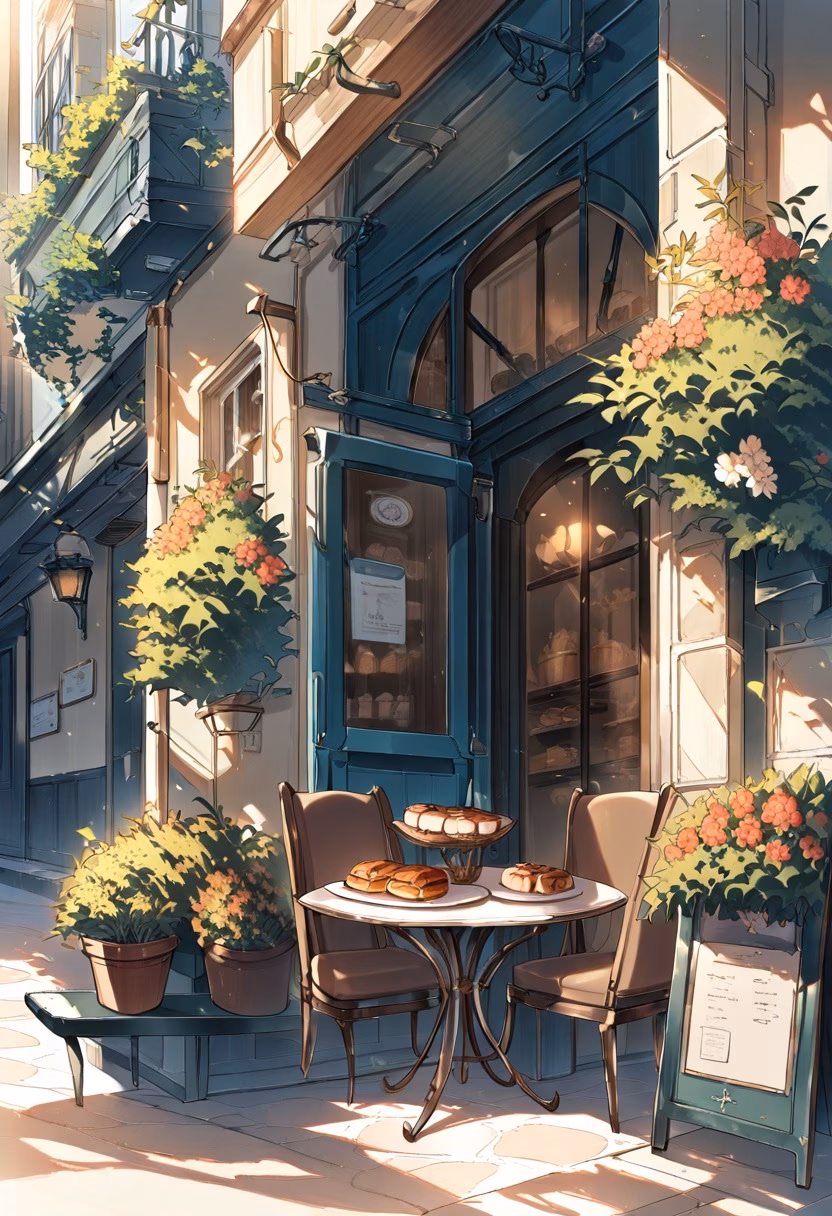 Parisian Cafe Morning — view 3 — romantic Parisian cafe terrace, small tables, flower pots, pastries, warm morning light, charming street, elegant archit