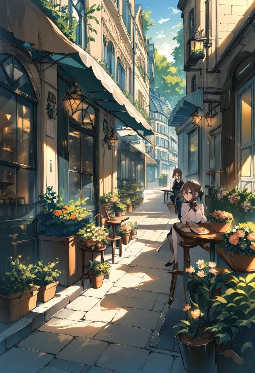 Parisian Cafe Morning — view 4 — romantic Parisian cafe terrace, small tables, flower pots, pastries, warm morning light, charming street, elegant archit