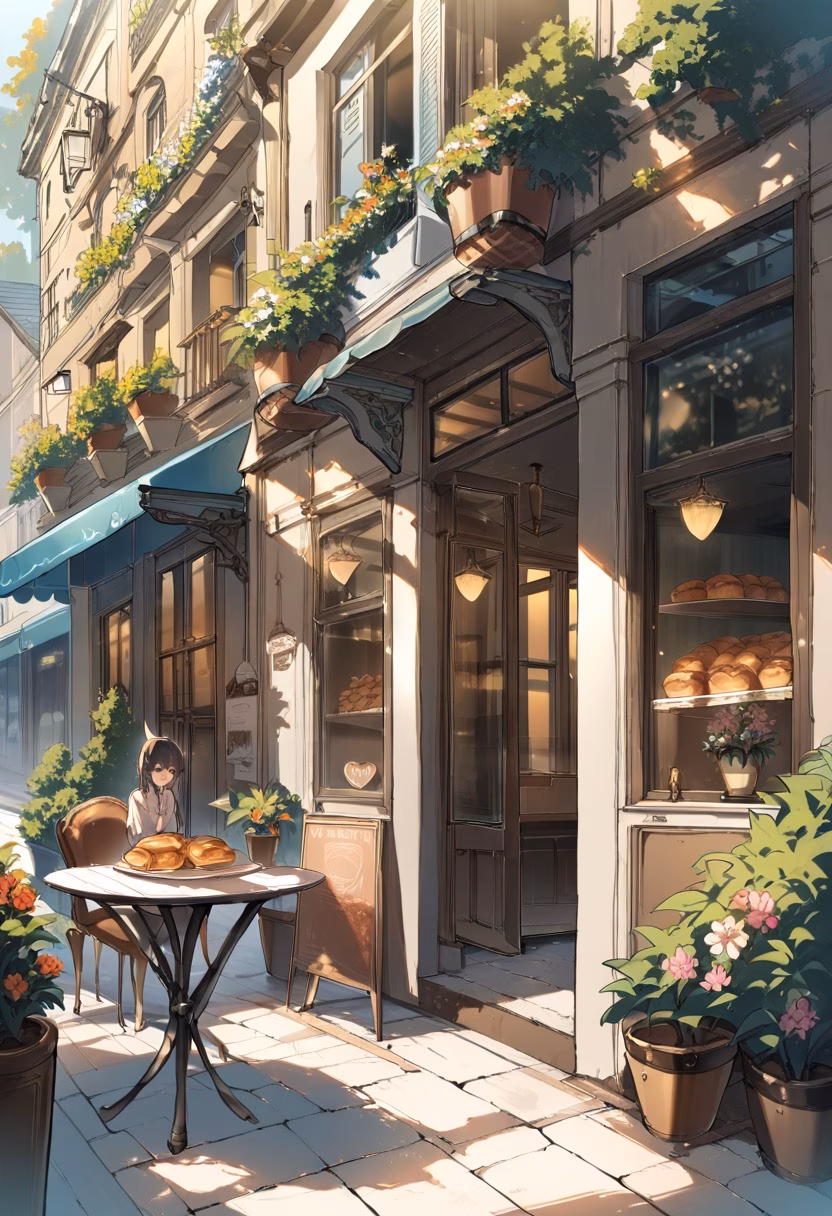 Parisian Cafe Morning — view 5 — romantic Parisian cafe terrace, small tables, flower pots, pastries, warm morning light, charming street, elegant archit