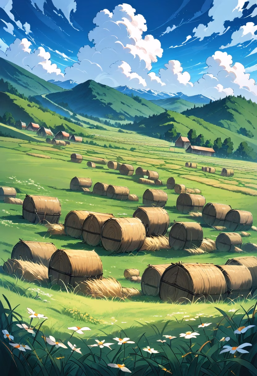 Red Barn Countryside — view 1 — red wooden barn in green countryside, hay bales, meadow, cloudy blue sky, rustic farm setting, peaceful rural life, deta