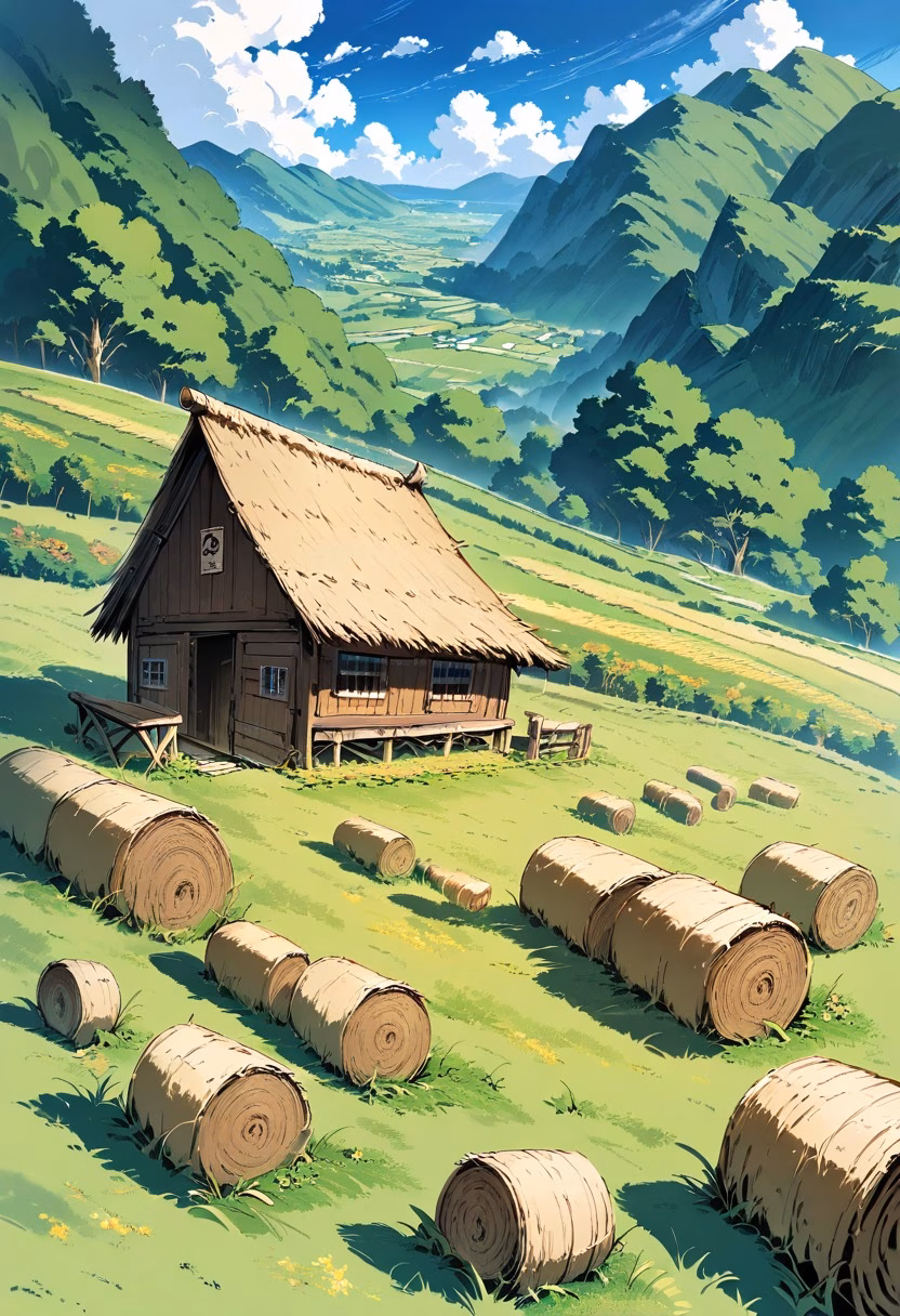 Red Barn Countryside — view 2 — red wooden barn in green countryside, hay bales, meadow, cloudy blue sky, rustic farm setting, peaceful rural life, deta