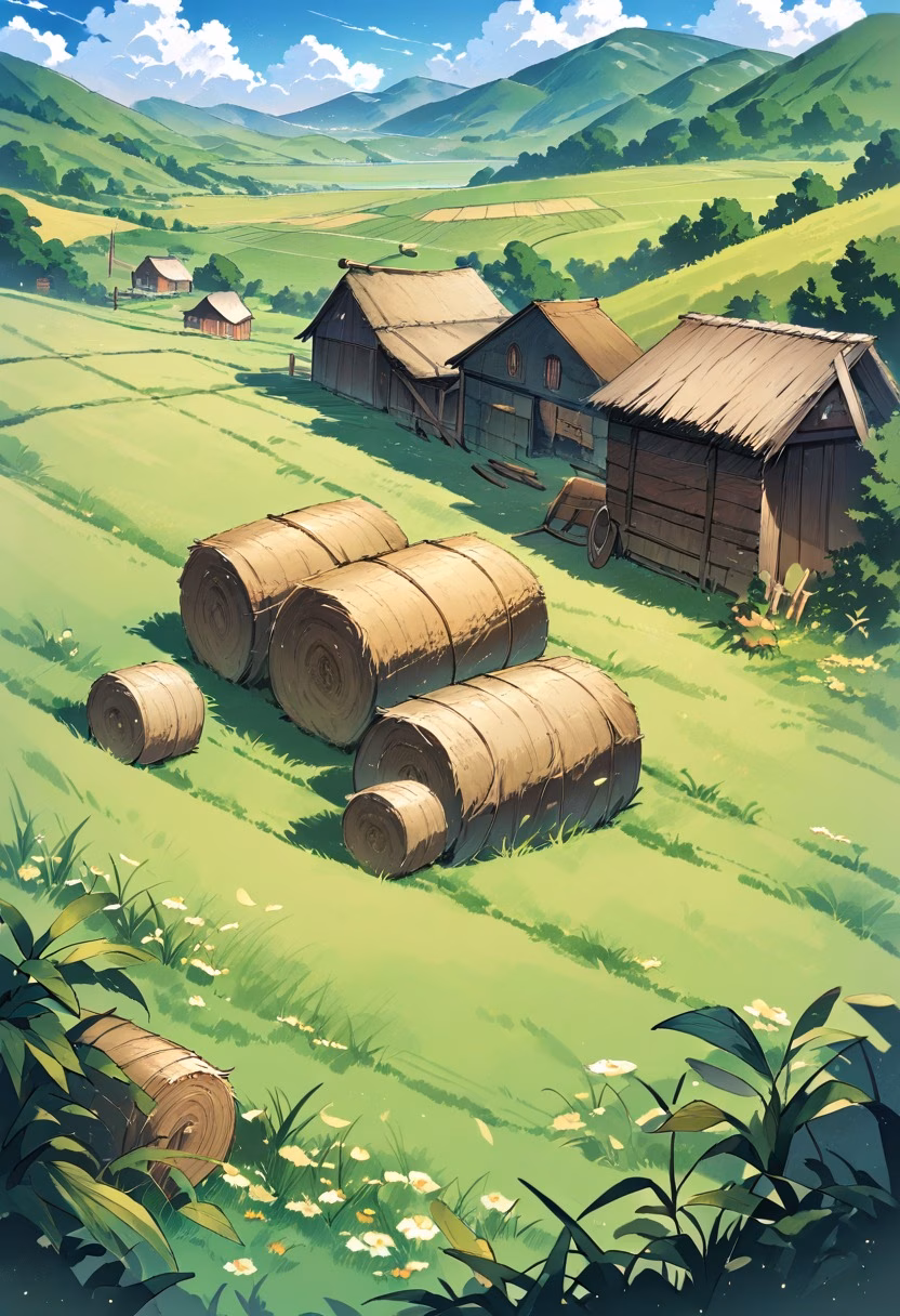 Red Barn Countryside — view 3 — red wooden barn in green countryside, hay bales, meadow, cloudy blue sky, rustic farm setting, peaceful rural life, deta