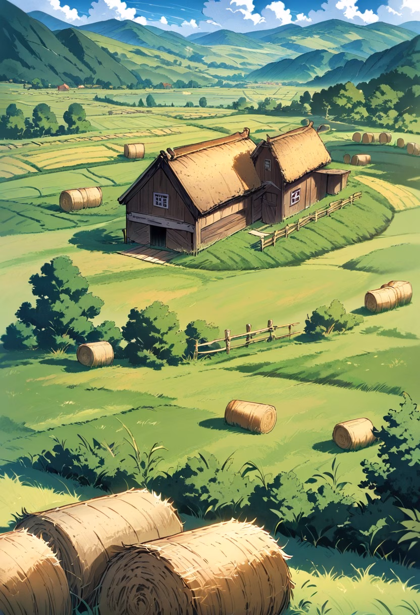 Red Barn Countryside — view 4 — red wooden barn in green countryside, hay bales, meadow, cloudy blue sky, rustic farm setting, peaceful rural life, deta
