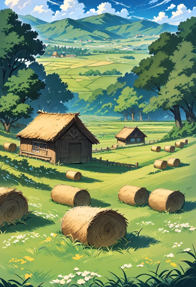 Red Barn Countryside — view 5 — red wooden barn in green countryside, hay bales, meadow, cloudy blue sky, rustic farm setting, peaceful rural life, deta