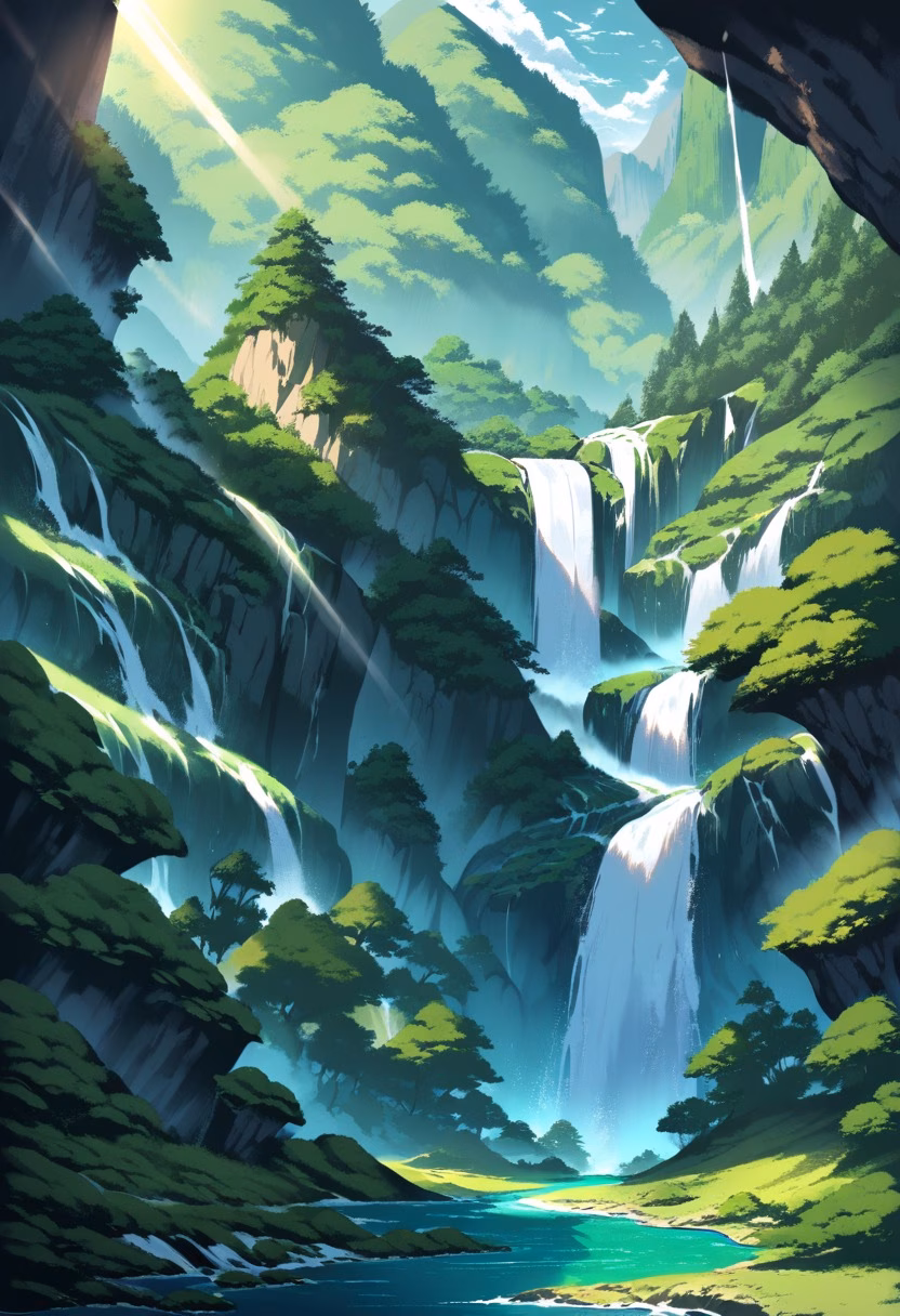 Emerald Mountain Waterfall — view 1 — majestic waterfall in mountain valley, multiple cascades, emerald forest, misty air, mossy rocks, sunlight rays, powerfu