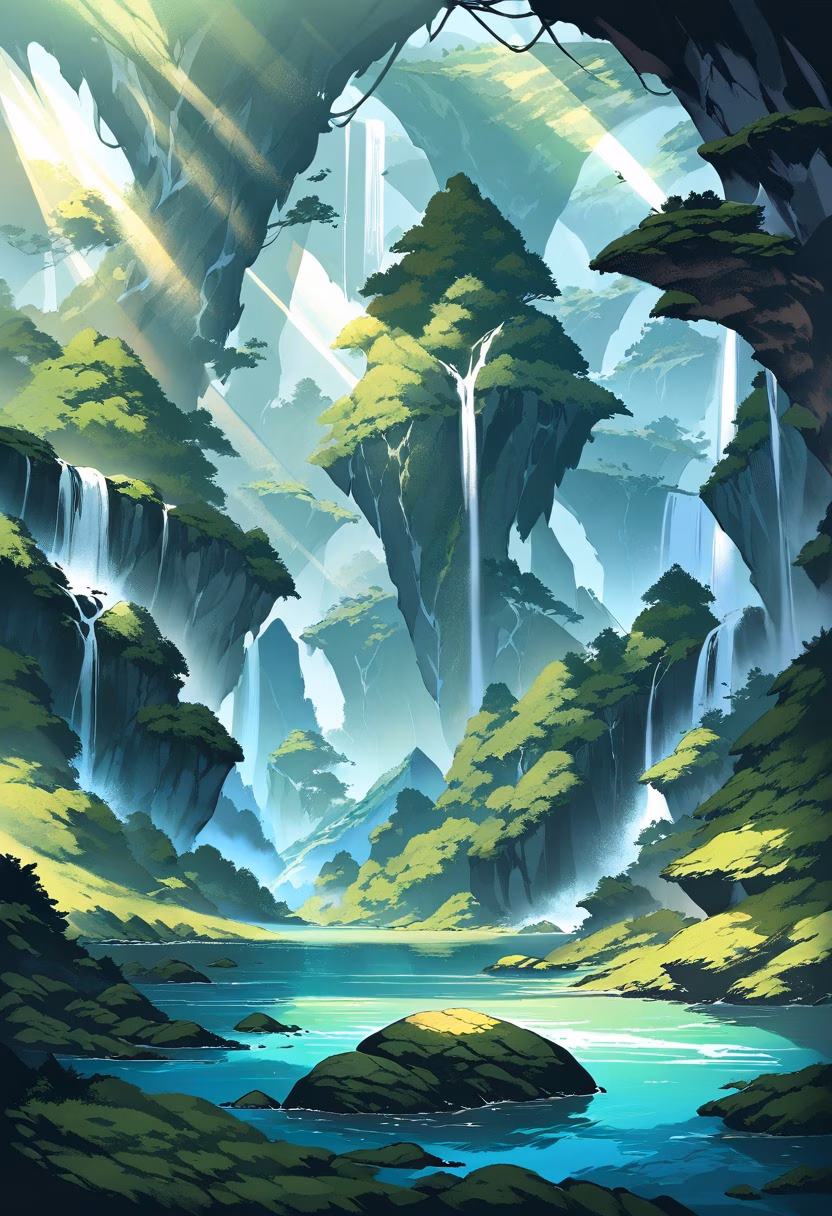 Emerald Mountain Waterfall — view 2 — majestic waterfall in mountain valley, multiple cascades, emerald forest, misty air, mossy rocks, sunlight rays, powerfu